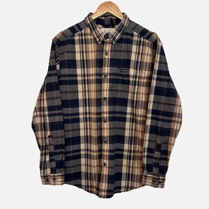 Columbia Men’s Large Taupe Navy Blue Plaid Long Sleeve Casual Button-Down Shirt